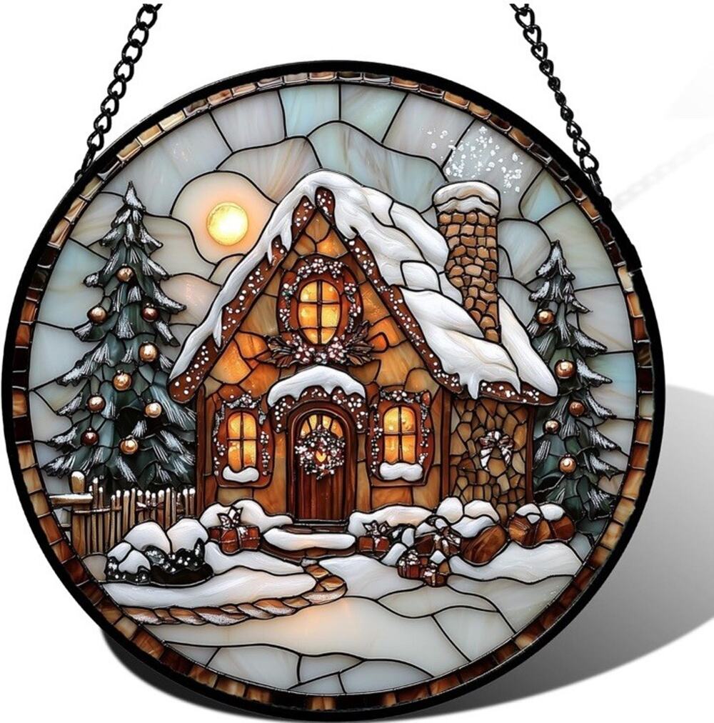 Stained Glass Window Hanging - Christmas Tree 7.8x7.8 IN Brown and White